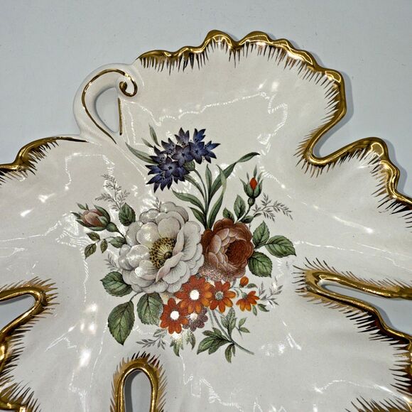 Vintage Ceramica Hand Painted/Transfer WearFloral Maple Leaf Trinket Dish 7.25” - Picture 4 of 13